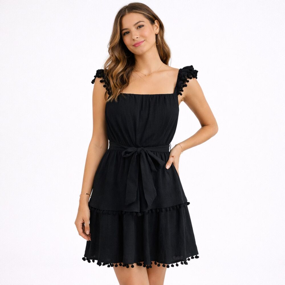 Lulus Pom Pom Tiered Mini Dress Black XL